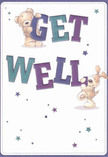 This cheerful get well card radiates warmth and a vibrant sense of optimism, its illustrated duo-a plush teddy bear and a joyful puppy-appearing as if they're ready to spring right from the card into a loved one's arms. Each character joyfully supports and balances the bold, oversized letters spelling 'Get Well,' their indigo and teal hues glowing with confidence atop a creamy soft background. Scattered stars in various blues and purples twinkle throughout, lending the scene an atmosphere of magic and hope akin to a clear evening over Beckenham's bustling high street. The bear's fur and the puppy's floppy ears are depicted with tactile charm, conjuring memories of treasured childhood companions and nurturing embraces. Just like a hand-delivered bouquet from Florist Beckenham, this card is infused with genuine care, designed to lift the spirits and offer comfort to neighbours and friends recovering within the welcoming heart of Beckenham.
